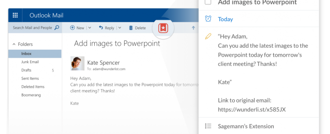 You can turn an email into a task with the Wunderlist Outlook add-in.